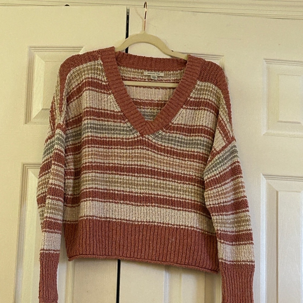 American Eagle Open Stitch Knit Sweater Striped V-Neck Pullover Pink Cream Sz S